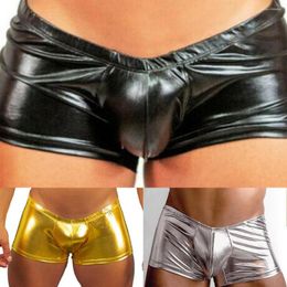 Bokserki skórzane męskie kalesony majtki seksowne bokserki Trunk metalowe obcisłe bandaż kalesony męskie Gay Bikini X-3XL