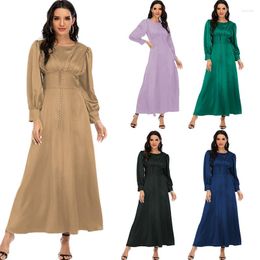 Ethnic Clothing Women Satin Solid Color Long Dress Beads Muslim Islamic Ramadan Maxi Robe Abaya Arabic Caftan Loose Casual Vestido Middle