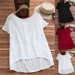 Women's Blouses Summer Blouse For Women Dressy Elegant Short Sleeve Solid Colour Cotton Linen T Shirt Irregular Hem Loose Tops Blusa Feminina