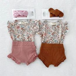 Clothing Sets FOCUSNORM 3pcs Summer Baby Girls Boys Sweet Clothes 0-24M Flowers Printed Sleeve Romper Tops Shorts Headband