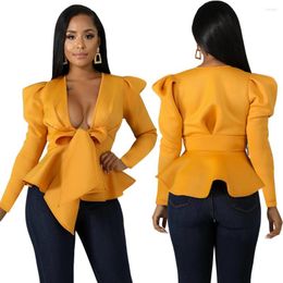 Women's Jackets Ruffles Lace-up Short Lady's Puffy Sleeve Bow Real Sample Women Sexy Deep V-neck Club Mwear Coats Cardigan Spring /