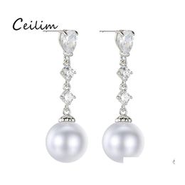 Charm Trendy Cz Imitation Pearls Dangle Earrings For Women Pave Cubic Zircon Earring Party Gifts Sier Color Jewelry Bridesmaid Gift Ot3Fn