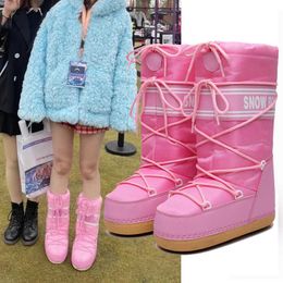 Boots 2022 Winter Women Snow Thick Platform Warm Waterproof Non-slip Lace Up Middle Calf Pink Female Ski 221215