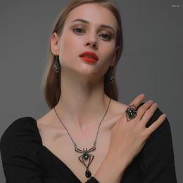 Necklace Earrings Set Halloween Jewellery Personality Three-pieces Spider Ring Vintage Imitation-emerald