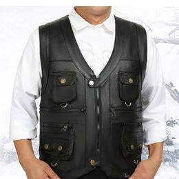 Men's Vests 2023 Gentlement Leather Vest Male Slim Commercial Sheepskin Men Waistcoat With Many Pockets