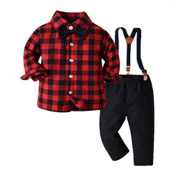 Tench Coats Baby Outfits Toddler Boy Clothes Christmas Plaid Shirt Suspender Pants Set Outfit Pack