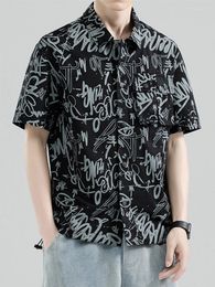 Men's Casual Shirts Summer Graphic Pockets Cargo Men Short Sleeve Drop Shoulder Harajuku Oversized Shirt Male Baggy Polyester Tops 8XL