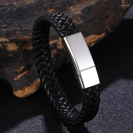 Charm Bracelets Men Jewelry Black Braided Leather Bracelet For Stainless Steel Magnet Clasp Punk Homme Bangle Male Gift PS1366