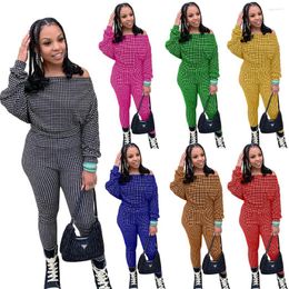 Women's Two Piece Pants 2023 Tracksuit For Women Plaid Print Set Casual 2 Pcs Outfits Long Sleeve Tshirts Suits Matching