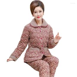 Women's Sleepwear Plaid Pajamas Women Winter Warm Suits Coral Fleece Three-Layer Quilted Mid-Aged Mother Thicken Flannel Jacket Home Service