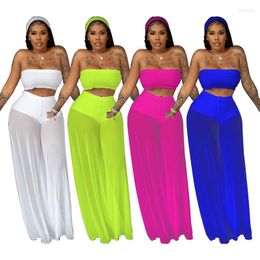 Women's Two Piece Pants Women 2 Set 2023 Summer Sexy Off Shoulder Crop Top High Waist Wide Leg Mesh See Through Beachwear Vacation Outfits