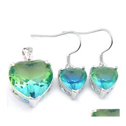 Wedding Jewellery Sets Women 2 Pcs Set Heart Cut Bi Coloured Tourmaline Gems 925 Sterling Sier Plated Crystal Zircon Solid Bride Dangle Dhgkb