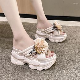 Slippers Wedges Heel Women Platform Peep Toe Height Increasing Slides Sexy Ladies Floral Shoes Zapatos De Mujer