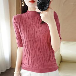 Women's T Shirts Summer Half High-Neck Short-Sleeved Solid Colour Knitted T-Shirt Thin Section Loose And Temperament Bottoming Top