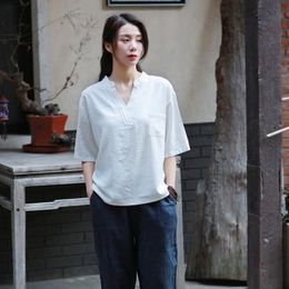 Women's Blouses & Shirts Linen Blouse Women V-neck Summer Pocket Shirt Loose Casual Vintage Solid Red White Yellow Tee Tops FemmeWomen's