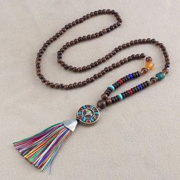 Pendant Necklaces Unisex Handmade Nepal Buddhist Mala Wood Beads Necklace Boho Hippie Style Ethnic Long Men Women's Lucky Jewellery