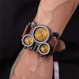 Wristwatches Mens Watches Oulm 1167 Vintage Style Male Quartz Watch Unique Design 3 Time Zone Leather Strap Men Sport