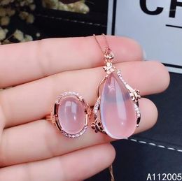 Bracelet Earrings Necklace Fine Jewelry 925 Sterling Silver Inlaid Natural Gemstone Rose Quartz Female Ring Pendant Set Luxury Support Test