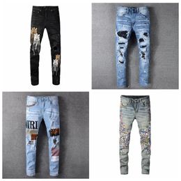 Abbigliamento unisex jeans blu scuro vaqueros hot montana Stampa pantera Verde militare Lungo cotone effetto consumato Adesivo Ricamo Biker dritto denim sottile