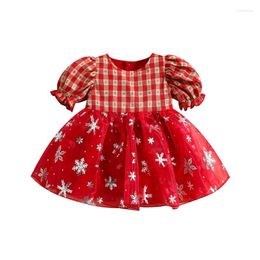 Girl Dresses Toddler Girls Christmas A-line Dress Short Sleeve Snowflake Print Plaid Patchwork