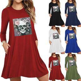 Casual Dresses Women Halloween Skull Printed Round Neck Long Sleeve T-Shirt Dress