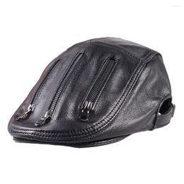 Berets Fashion Cow Leather Hat Genuine Cap Mens Baret Cowhide Flat Cabby Vintage Sboy Driving Peaked