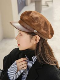 Berets Sheepskin Women's Hat Beret Fashion England High-end Big Head Leather Vintage Cap Dome