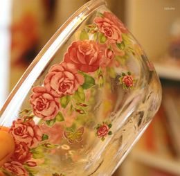 Bowls High-grade Pink Rose Pattern Lead-free Transparent Thickened Glass Bowl With Lid Rice Soup Noodle Salad Fruit