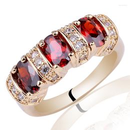 Wedding Rings Yellow Gold Color Women Ring 4x6mm 3-stone CZ Crystal Fashion Jewelry Cocktail Party Wear Daily Gift J091