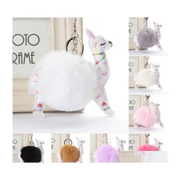 Key Rings Fluffy Fur Ball Alpaca Leather Animal Keychains Charm 10Cm Artificial Rabbit Pompom Keyrings Women Jewellery P43Fa Drop Deliv Dhfsi