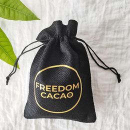 Jewellery Pouches 50 100pcs Jute Black Linen Custom Personalised Gold Logo Packaging Drawstring Gift Bag Wedding Party Favour