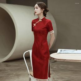 Ethnic Clothing Women Long Mandarin Collar Retro Red Cheongsam Wedding Evening Party Lace Dress Chinese Classic Button Qipao Plus Size 3XL