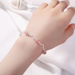 Link Bracelets Korean Pink Crystal Bead Bracelet For Women Sweet Simple Blue Branch Leaf Chain Cute Fashion Trend Jewellery Girl Gift 2023