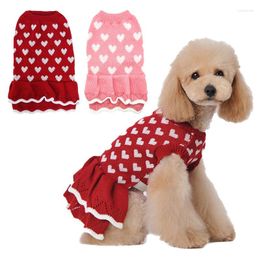 Dog Apparel Pet Clothes Cute Heart Print Flounced Edge Dresses Small Medium Dogs Cats Knitted Sweater Christmas Year Puppy Clothing