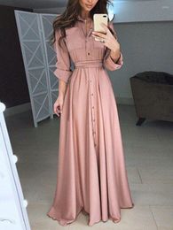 Casual Dresses 2023 High Waist Solid Floor-Length Dress Lady Long Sleeve Buttons Shirts Women Plain Spring For