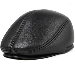 Berets HT3497 For Men High Quality Autumn Winter Cap Hat Genuine Leather Beret Elder Man Dad With Ear Flap