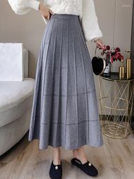 Skirts Winter Long Knit Warm Cashere Blend Plaid Knitted A-line Big Flared Maxi 90cm Coffee Gray Beige Khaki