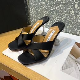 New AQUAZZURA High-Heeled Slippers Sandals Stiletto Mules Diamond Ball Metal Heel 105Mm Silk Slip-On Open Toe Women Aquazzura Shoe Sizes 35-42With Box 207