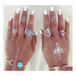 Band Rings Fashion 8Pcs /Set Boho Retro Finger Knuckle Elephant Snake Turquoise Lucky Stackable Midi Set Of For Women Party Drop Del Otl9X