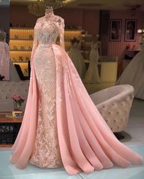 Pink Prom Dresses Long Sleeves High Neck Lace Hollow Appliques Sequins Beaded Evening Dresses Detachable Train Floor Length Evening Dress Plus Size Custom Made