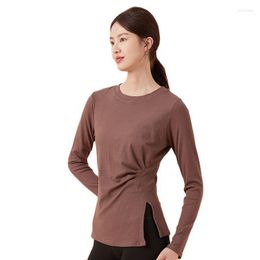 Active Shirts Long Sleeve Exercise Workout Tops For Women Yoga Gym Top Solid Ribbed Tight Fitted Running Sports Side Pleated Sweatshirt