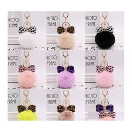 Key Rings 8Cm Rabbit Fur Pompoms Fashion Leopard Bowknot Keychain Plush Fluffy Ball Keyring Holder For Bag Accessories P26Fa Drop De Dhj3N