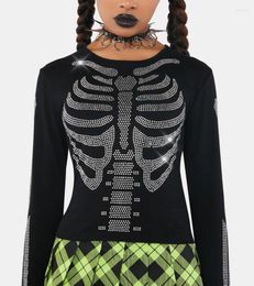 Women's T Shirts Gothic Rhinestones Skeleton Print Crop Tops Round Neck Long Sleeve Pullover Vintage Outfit E-girl Harajuku Grunge