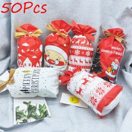 Christmas Decorations 50Pcs Drawstring Bag Candy Cookies Kids Xmas Gift Pack Party Holiday Decor Food Packaging Bags Plastic