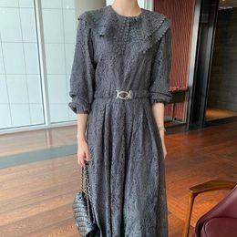 Ethnic Clothing Dress 2023 Autumn Japanese Style Solid Color Lace Hook Flower Belt Long Sleeve Lotus Leaf Collar Fashion Casual Women's