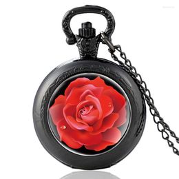 Pocket Watches Charm Red Rose Design Vintage Quartz Watch Men Women Glass Dome Pendant Necklace Hours Clock Gifts