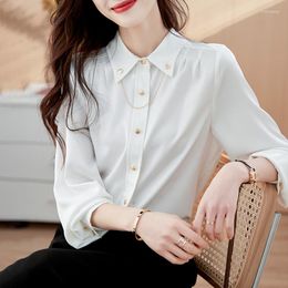 Women's Blouses Button Up Shirts Office Spring 2023 Female Satin Long Sleeve Chiffon Shirt Vintage Ladies Tops Metal Chain Women 853C
