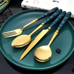 Dinnerware Sets 24PCSIns Luxury Dark Green Gold Plated Pattern Stainless Steel Tableware Spoon Western Knife And Fork Plastic Handle