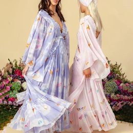 Casual Dresses 2023 Autumn Chiffon Dress Women Fasion Flare Sleeve V-neck High Waist Floral Flowing Ladies Robe