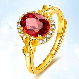 Cluster Rings Ruby Red Crystal Zircon Diamonds Gemstones For Women 14k Gold Color Jewelry Bijoux Bague Romantic Gifts Party Accessories